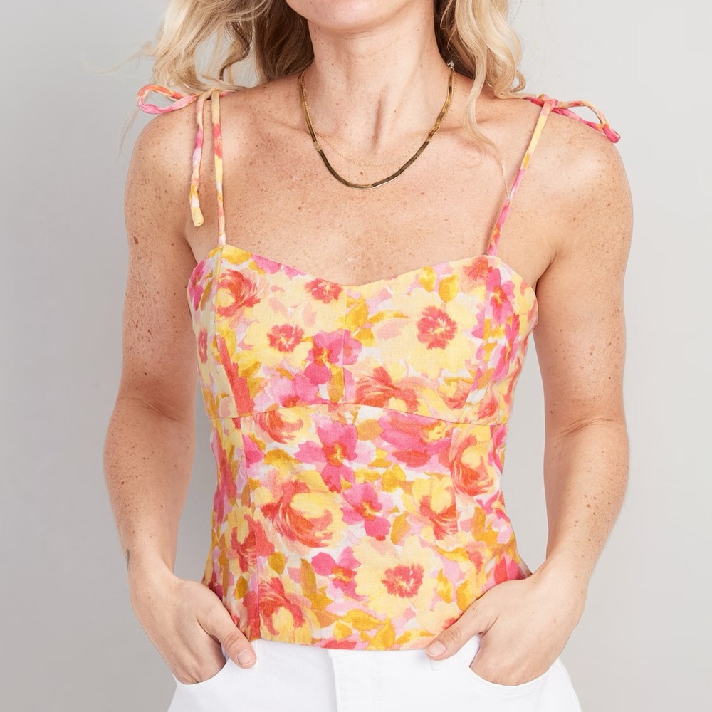 Pink and Yellow Floral Linen Blend Cami XL TALL